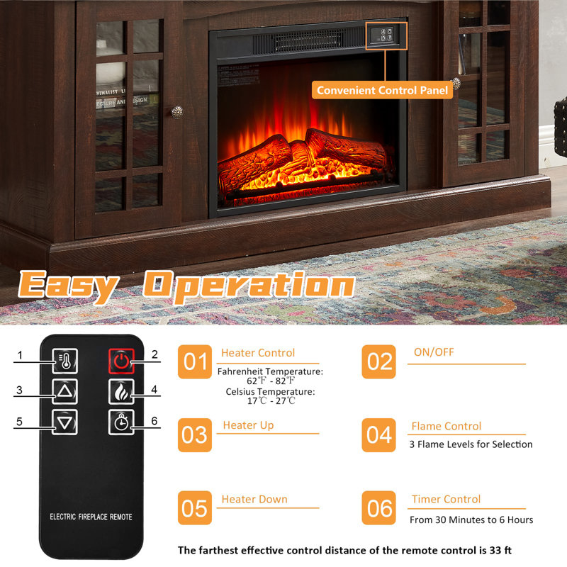 Gracie Oaks Xee 58"W Retro Fireplace Insert TV Stand, 1400W Electric